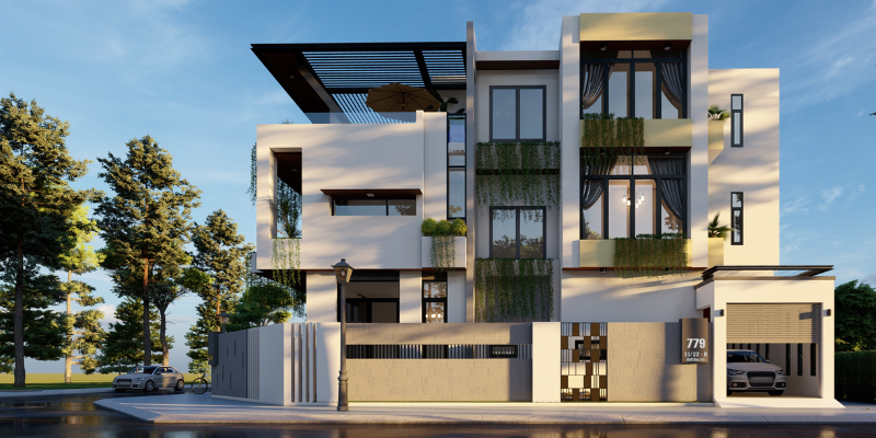 Interior of a modern luxury villa in Dubai seen through glass façade — featuring open-plan living with ambient lighting and elegant furnishing
