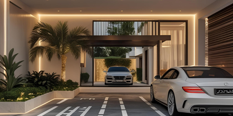 3D rendered carport design featuring palm landscaping, covered entry, and modern Dubai villa architecture